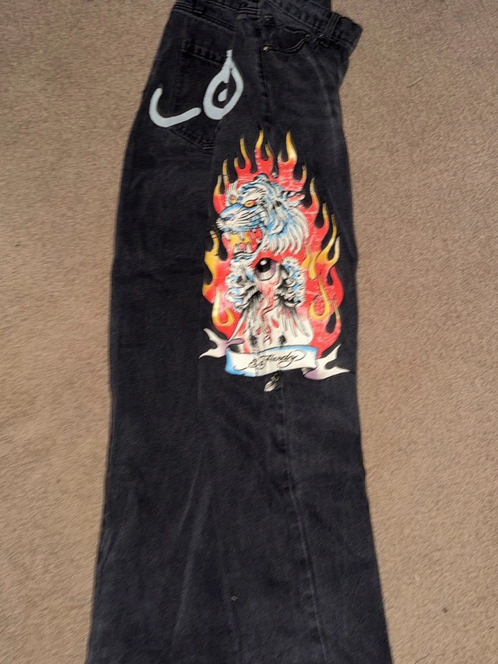 Ed Hardy Black Wide Leg Jeans with Flame Skull Graphic - Picture 3 of 3